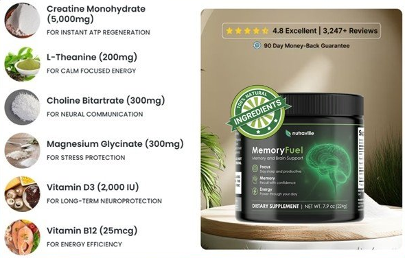 MemoryFuel by Nutraville — natural brain & memory nootropic powder, 7.9 oz container